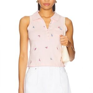 NEW Free People Pepper Embroidered Floral Pink Crop Polo Coquette Cottagecore M